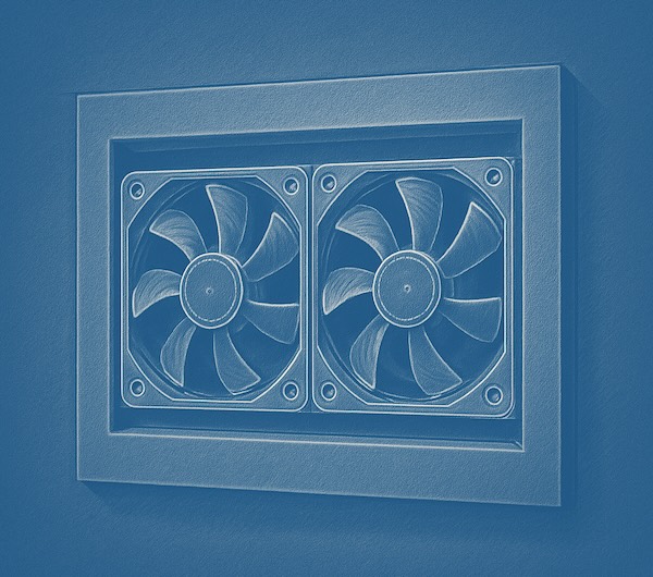 two computer fans, in a box mount